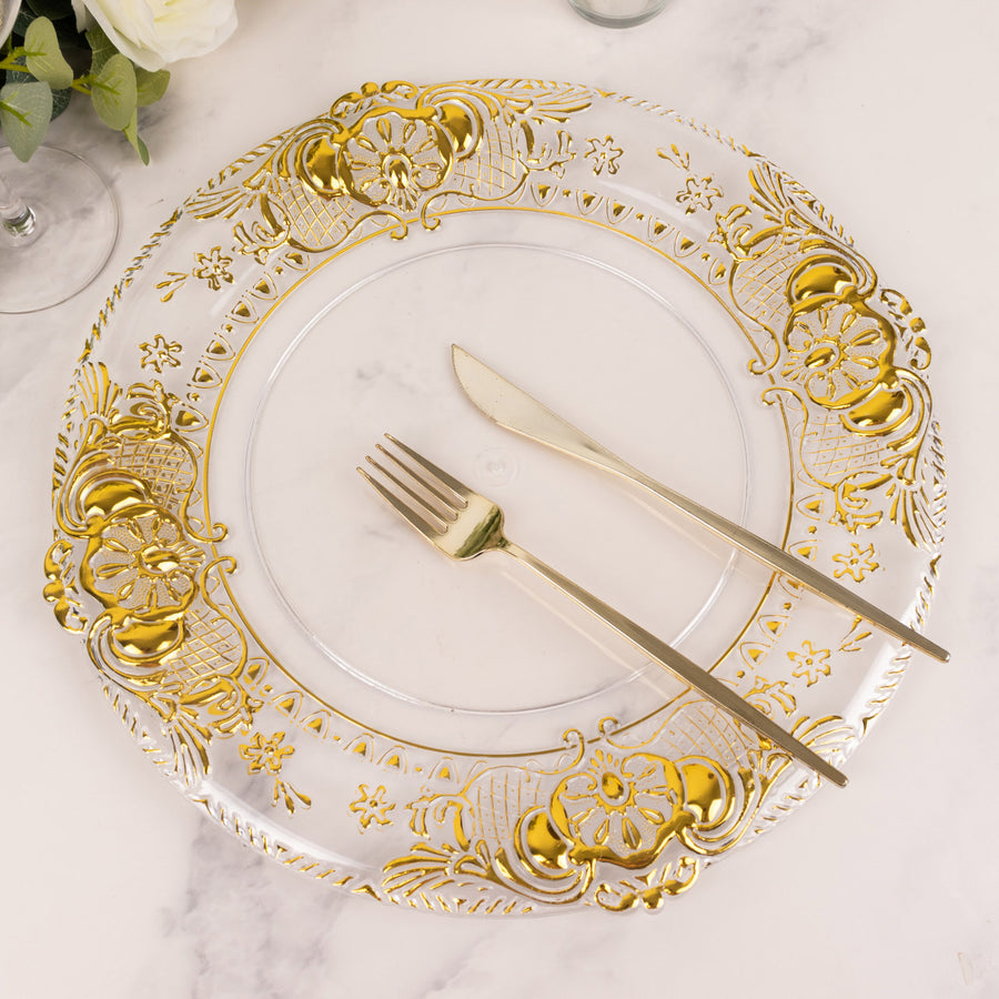6 Pack Clear Decorative Charger Plates With Gold Florentine Style Embossed Rim 13inch Round Plastic