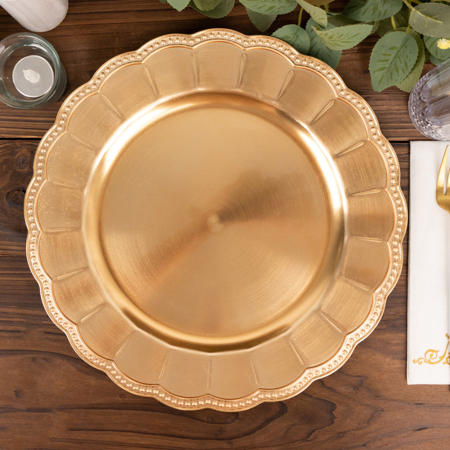 6 Pack Metallic Gold Disposable Sunflower Charger Plates With Scalloped Rim, Elegant Acrylic