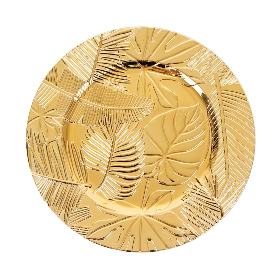 6 Pack Metallic Gold Acrylic Plastic Charger Plates With Embossed Tropical Leaves#whtbkgd