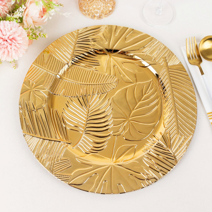 6 Pack Metallic Gold Acrylic Plastic Charger Plates With Embossed Tropical Leaves