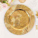 6 Pack Metallic Gold Acrylic Plastic Charger Plates With Embossed Tropical Leaves