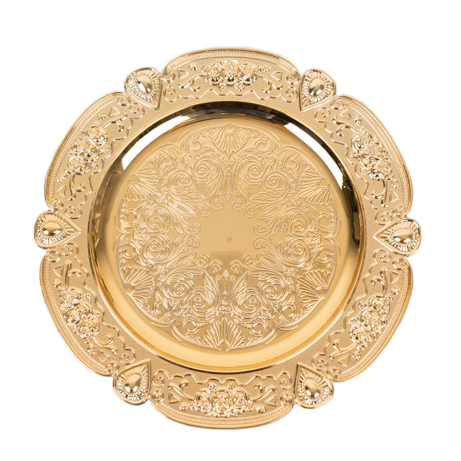 6 Pack Gold Round Acrylic Charger Plates With Floral Embossed Scalloped Rim, 13inch#whtbkgd
