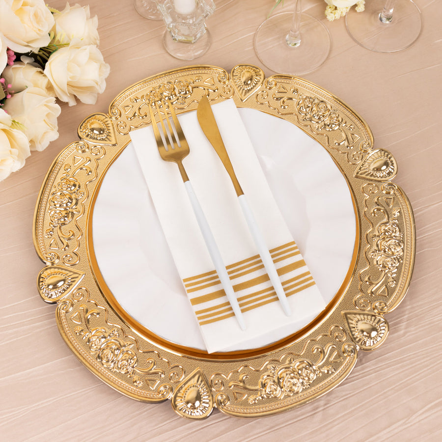6 Pack Gold Round Acrylic Charger Plates With Floral Embossed Scalloped Rim, 13inch Unbreakable