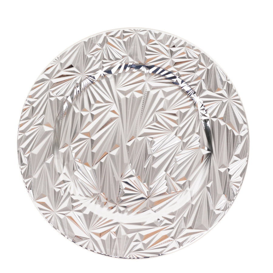6 Pack Metallic Silver Rock Cut Acrylic Charger Plates 13inch Round Plastic Decorative#whtbkgd
