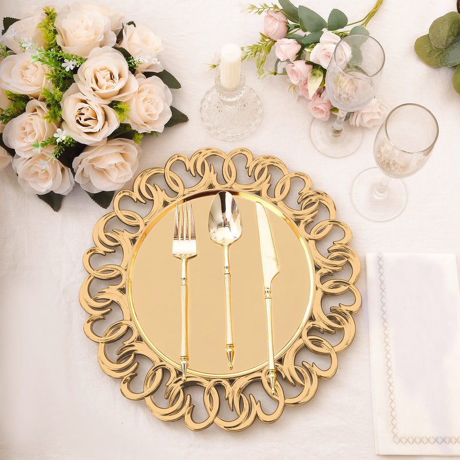 6 Pack Gold Disposable Charger Plates With Entwined Swirl Rim, 13" Round Plastic Serving Plates