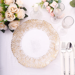 Elevate Your Table Setting with Clear Gold Reef Rim Disposable Charger Plates