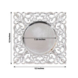 6 Pack Silver Square Acrylic Charger Plates with Hollow Lace Border