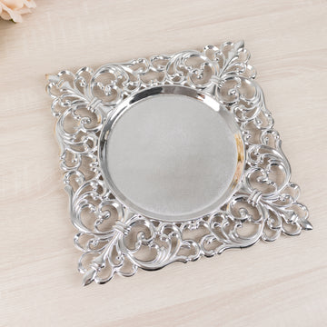 6 Pack Silver Square Acrylic Charger Plates with Hollow Lace Border, 12" Dinner Chargers Event Tabletop Decor