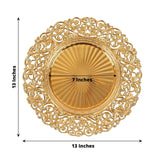 Gold decorative plate with intricate design, 13 inches in diameter.