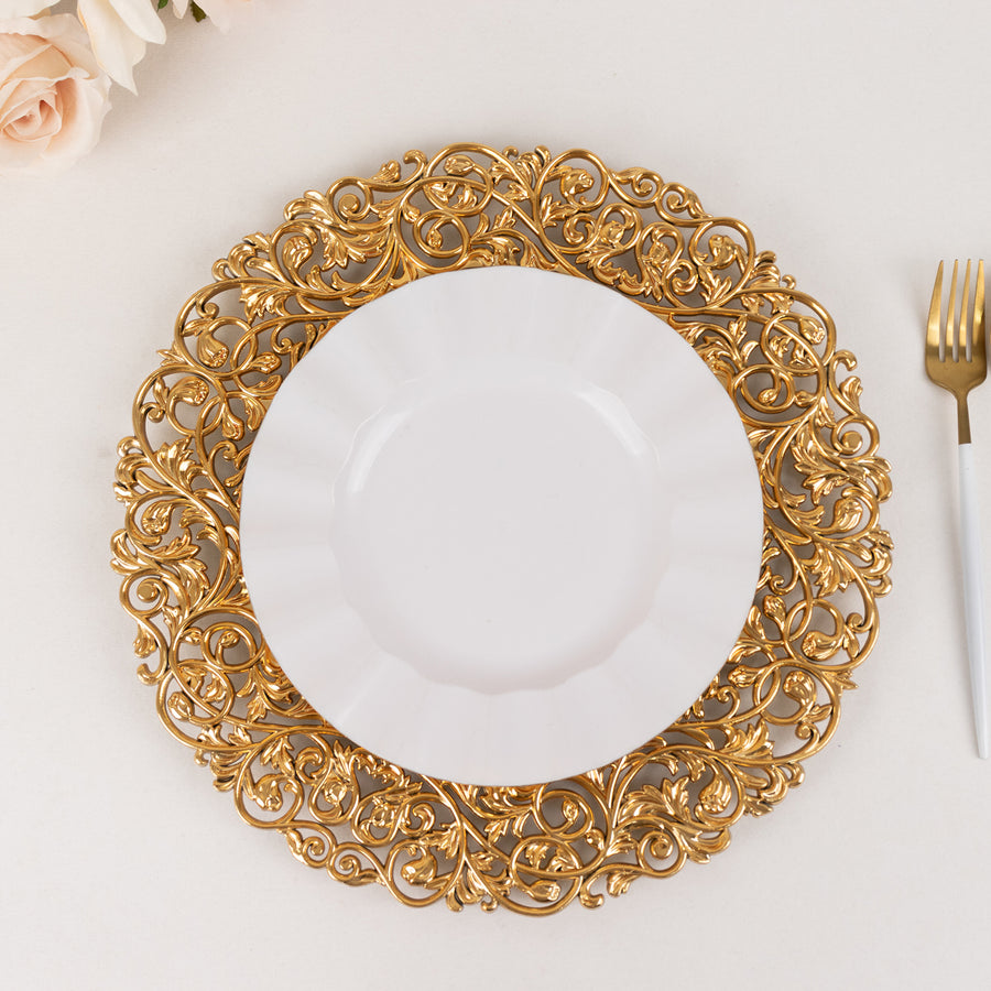 6 Pack Gold Vintage Acrylic Charger Plates With Floral Carved Borders, 13inch Round Dinner Charger