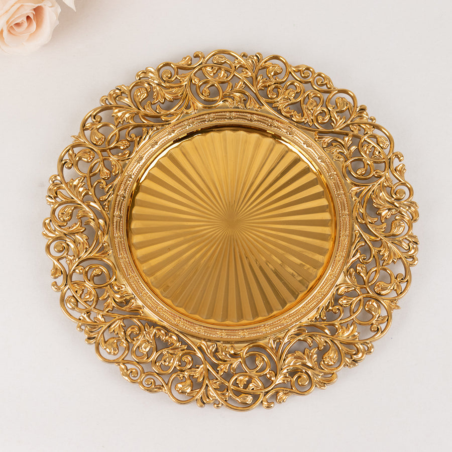 6 Pack Gold Vintage Acrylic Charger Plates With Floral Carved Borders, 13inch Round Dinner Charger