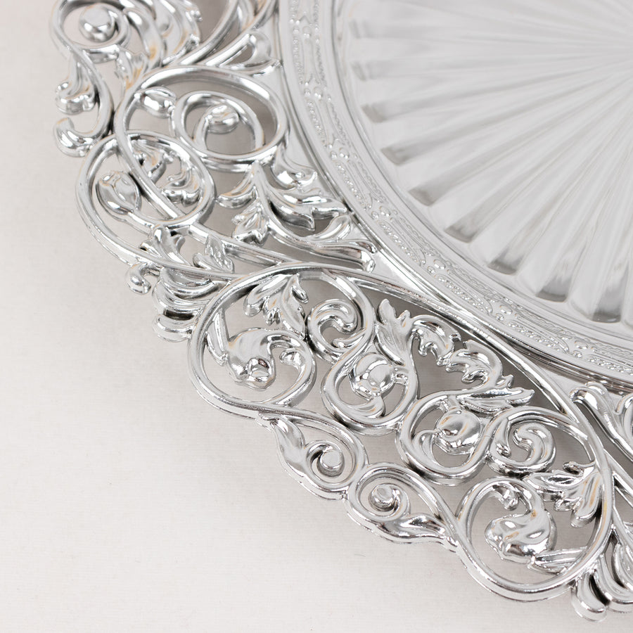 6 Pack Silver Vintage Acrylic Charger Plates With Floral Carved Borders, 13inch Round Dinner Charger