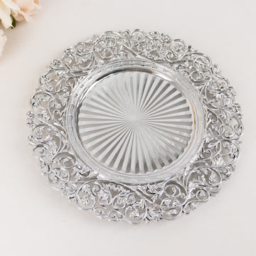 6 Pack Silver Vintage Acrylic Charger Plates With Floral Carved Borders, 13" Round Dinner Charger Event Tabletop Decor