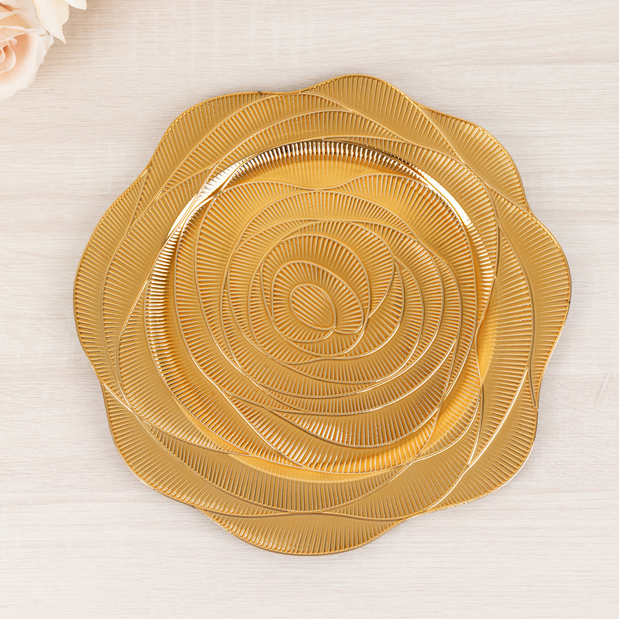 6 Pack Metallic Gold Acrylic Charger Plates With Ribbed Rose Pattern