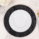 6 Pack Black Glitter Acrylic Charger Plates with Silver Abstract Lines Pattern