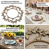 13" gold leaf wreath decorative charger plates for elegant table settings.