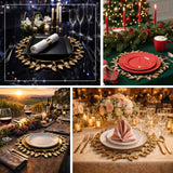 Elegant gold leaf placemat on festive dinner table with candles and decorations.