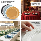 13" Reef Rim Plastic Charger Plates in gold, black, and blue, perfect for weddings and parties.