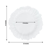White decorative plate with ruffled edges, 13 inches wide.