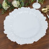 Elegant white ruffled plate on a wooden table.