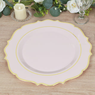 <span style="background-color:transparent;color:#1d1f25;">Exquisite Blush Plastic Charger Plates with a Gold Scalloped Rim</span>