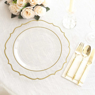 10 Pack Clear Plastic Charger Plates With Gold Scalloped Rim, 13" Round Decorative Dinner Serving Plates