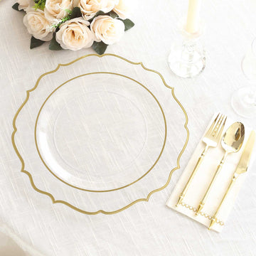 10 Pack Clear Economy Plastic Charger Plates With Gold Scalloped Rim, 13" Round Decorative Dinner Chargers Event Tabletop Decor
