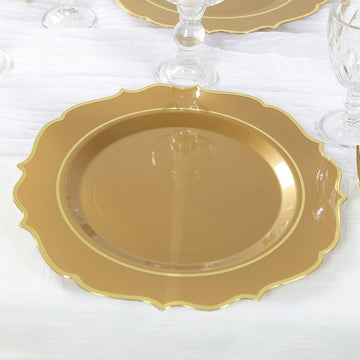 10-Pack Economy Plastic Round Charger Plates 13" in Gold with Scalloped Rim, Decorative Dinner Party Serving Plates