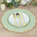 10 Pack Sage Green Economy Plastic Charger Plates With Gold Scalloped Rim