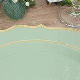 10 Pack Sage Green Economy Plastic Charger Plates With Gold Scalloped Rim