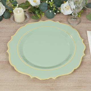 <span style="background-color:transparent;color:#1d1f25;">Exquisite Sage Green Plastic Charger Plates with a Gold Scalloped Rim</span>