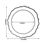 10-Pack Economy Plastic Round Charger Plates 13inch in White with Black Scalloped Rim