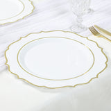 10 Pack White Economy Plastic Charger Plates With Gold Scalloped Rim