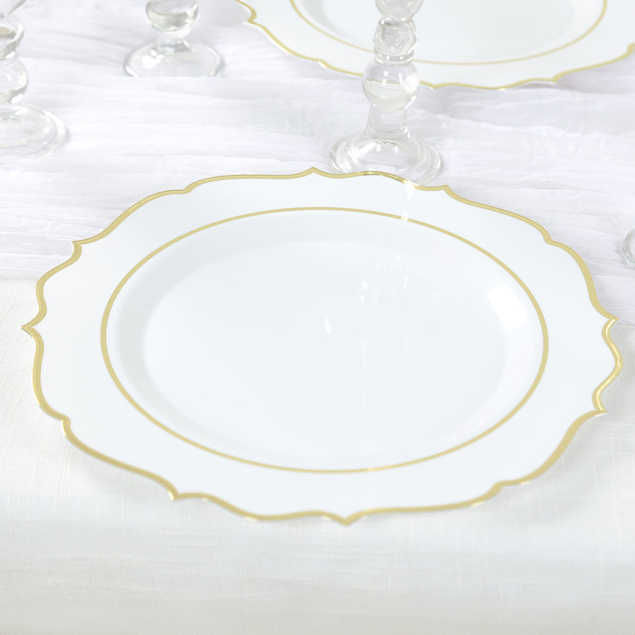 10 Pack White Economy Plastic Charger Plates With Gold Scalloped Rim