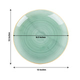 Green ceramic plate with a textured design, 13 inches in diameter.