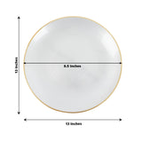 White decorative plate with gold rim, 13 inches diameter.