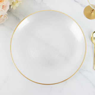 Elegant white plate with gold rim, designed for stylish dining.