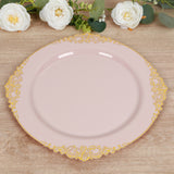 20-Pack Economy Plastic Round Charger Plates 13inch in Blush with Gold Embossed Baroque Rim, Stylish
