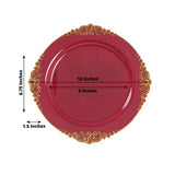 Elegant red decorative plate with gold trim, measuring 13 inches wide.
