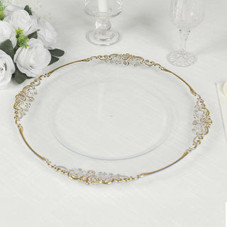 <h3 style="margin-left:0px;"><strong>Opulent Clear Gold Plastic Charger Plates with Embossed Baroque Rim</strong>