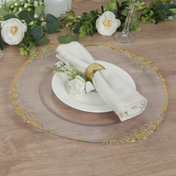 20 Pack Clear Gold Economy Plastic Serving Plates with Embossed Baroque Rim, 13" Round Decorative Charger Plates