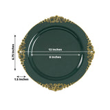 Dark green decorative plate with intricate gold detailing, 13 inches wide.