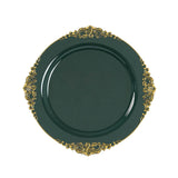 Elegant green plate with ornate gold trim, studio shot. #whtbkgd
