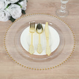 10 Pack Clear Gold Economy Plastic Serving Plates with Beaded Rim, 13inch Round Decorative Charger