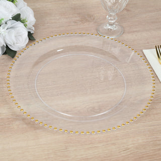 <h3 style="margin-left:0px;"><strong>Opulent Clear Gold Beaded Rim Plastic Charger Plates</strong>