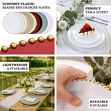 Beaded rim charger plates in various colors, perfect for table accents.