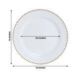 10-Pack Economy Round Plastic Charger Plates 13" in White with Gold Beaded Rim, Stylish Dinner Party Serving Plates