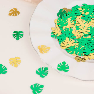 Add a Touch of Elegance with Metallic Green and Gold Tropical Palm Leaf Table Confetti