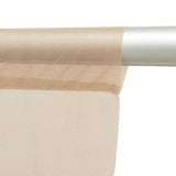 Sheer beige mesh fabric draped over a white rod, close-up texture view