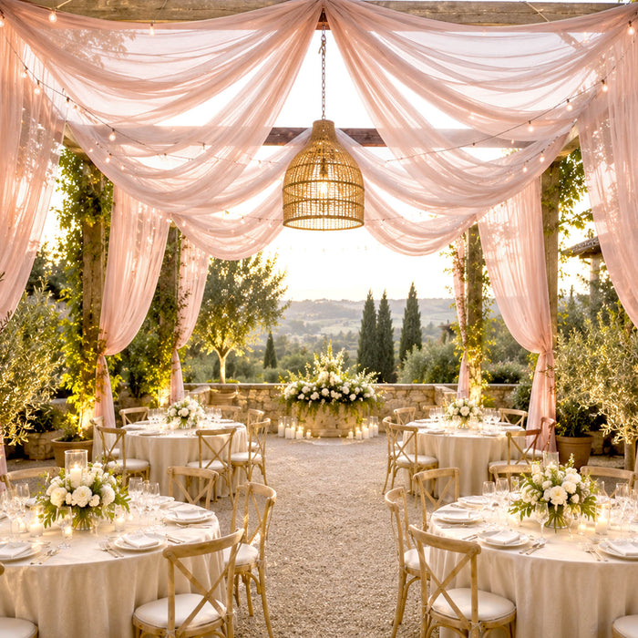 Elegant outdoor wedding reception with pink drapes, string lights, and scenic views